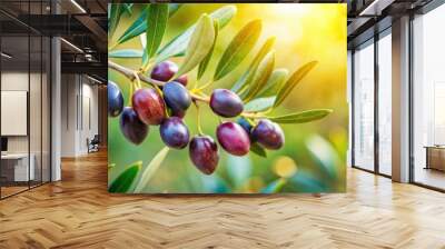 Close up of a branch with ripe olives hanging, olive branch, fresh, Mediterranean, harvest, organic, agriculture, tree, nature, green Wall mural