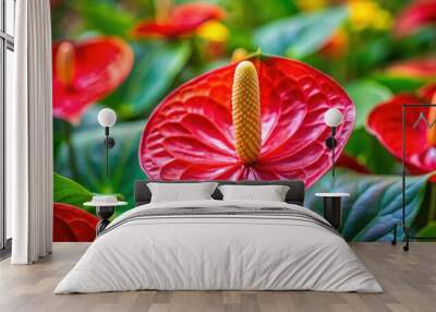 Close up of a vibrant flamingo flower in bloom, flamingo flower, Anthurium andraeanum, tropical plant, red flower Wall mural