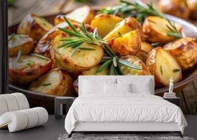 Close up of delicious roasted potatoes with fresh rosemary sprigs , roasted, potatoes, rosemary, herbs, seasoning Wall mural