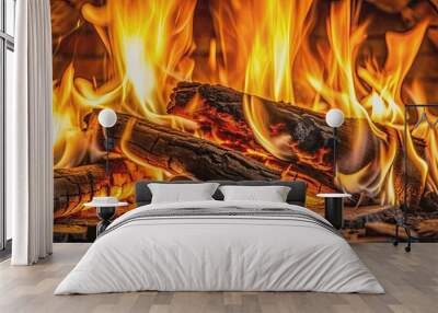 Close up of fire flames in fireplace with woods and rocks, fire, flames, fireplace, close up, burning, heat, cozy, wood, rocks, warm Wall mural