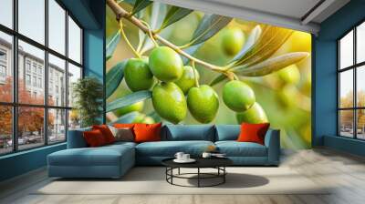 Close-up of green olives on branch, olive, green, healthy, organic, agriculture, Mediterranean, food, harvest, tree, ripe Wall mural