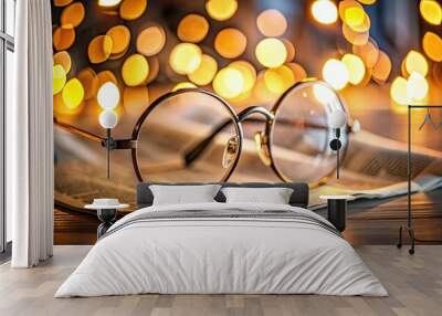 Close-up of round glasses laying on a newspaper with blurry lights in background , eyewear, spectacles, circular Wall mural