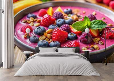 Close-up photo of a colorful smoothie bowl topped with fresh berries and nuts in natural light, smoothie bowl, fresh berries Wall mural