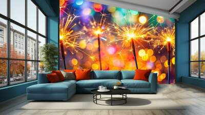 Colorful sparklers shining brightly against a vibrant bokeh background, sparklers, colorful, vibrant, bokeh, festive Wall mural