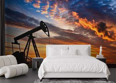 Crude oil pump silhouette against a twilight sky , industrial, energy, fuel, extraction, drilling, machinery Wall mural