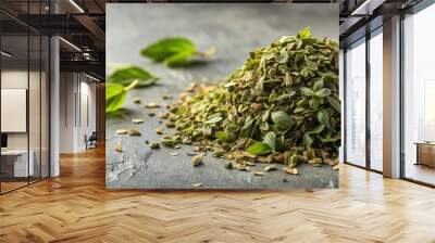 Crushed dry basil leaves on isolated background, basil, leaves, herb, crushed, dry, seasoning, aromatic, culinary, ingredient Wall mural