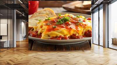 Delicious breakfast plate with melted cheddar cheese, saut?ed onions, and savory tomato sauce , breakfast, plate Wall mural