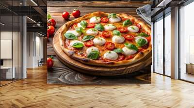 Delicious pizza with fresh mozzarella cheese and ripe tomatoes on a rustic wooden board, pizza, mozzarella, cheese, tomatoes Wall mural