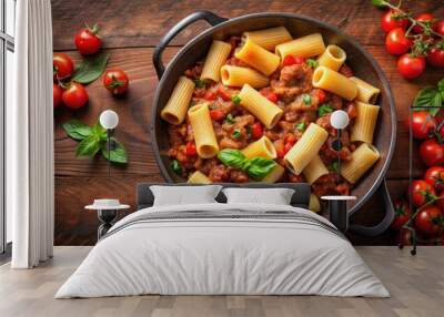 Delicious rigatoni pasta with Italian tomato meat ragu sauce served in a pan on dark brown background, Rigatoni, pasta, Italian Wall mural