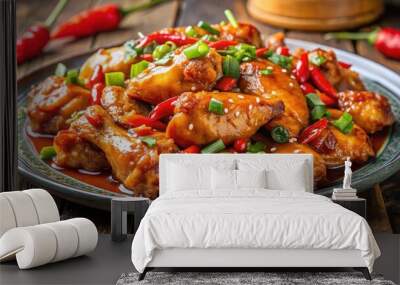 Deliciously cooked chicken in a tangy sweet and sour sauce, delicious, chicken, sweet, sour, sauce, cooked, meal, food, Asian Wall mural