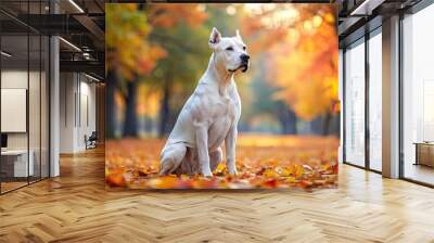 Dogo argentino sitting gracefully on grass with fallen red leaves in autumn park, Dogo argentino, sitting, grass, autumn, park Wall mural