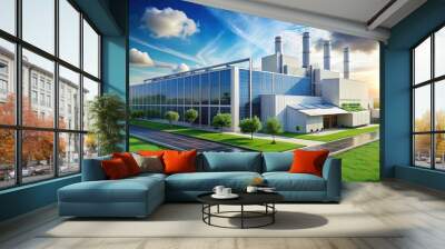 Eco-friendly smart factory powered by electricity from lithium batteries and solar energy, rendering Wall mural