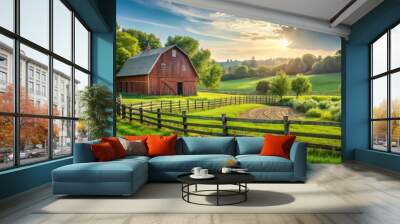 Farm background with barn, wooden fence, and lush greenery. Rural landscape farmyard perfect for summer outdoor backdrops Wall mural