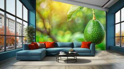 Fresh green avocado hanging on a tree branch, avocado, ripe, tree, green, agriculture, organic, healthy, fruit, nutrition, farm Wall mural