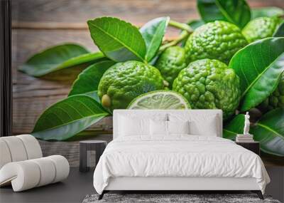 Fresh green Citrus hystrix leaves used for flavoring dishes, Citrus hystrix, leaves, fresh, green, cooking Wall mural