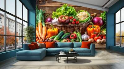 Fresh organic vegetables displayed on a rustic wooden table , farm fresh, produce, green, healthy, natural, garden Wall mural