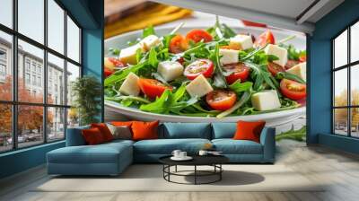 Fresh salad made with arugula, juicy tomatoes, and cheese on a white plate, salad, arugula, tomatoes, cheese, fresh, healthy Wall mural