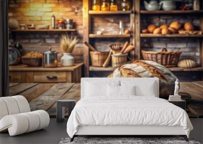 Freshly baked bread on rustic wooden table in the kitchen, homemade, baked, bread, kitchen, wooden, table, rustic, fresh Wall mural