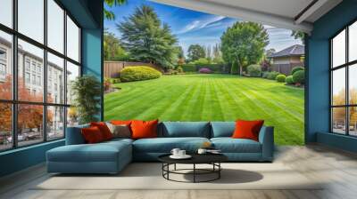 Freshly cut green grass lawn in the backyard, backyard, landscape, grass, green, healthy, fresh, garden, lawn, cut, mowed Wall mural