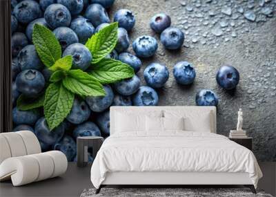 Freshly picked blueberries with mint leaves on textured concrete background, blueberries, mint leaves, ripe Wall mural