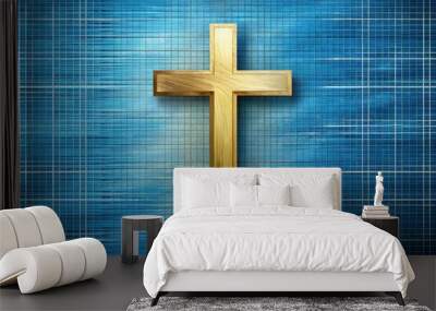 Graphic gold Christian cross on blue grid brushstroke background, Christian, cross, gold, graphic, blue, grid Wall mural