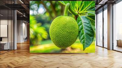 Green breadfruit hanging on a tree , tropical, fruit, agriculture, organic, fresh, grow, harvest, plant, tropical fruit, healthy, food Wall mural