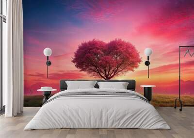 Heart-shaped tree against a pink sky, perfect for Valentine's Day , love, romance, nature, heart, symbol, holiday Wall mural