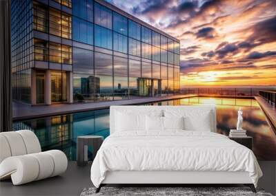 High-rise glass building with rooftop pool reflecting the dusk sky , skyscraper, modern architecture, urban, cityscape Wall mural