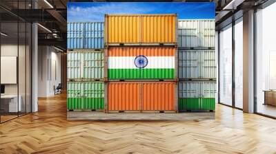 India flag containers at terminal for export/import, India, flag, containers, terminal, export, import, concept Wall mural