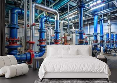 Industrial boiler room pipes, shut-off valves and pumps , industrial, boiler room, pipes, shut-off valves Wall mural