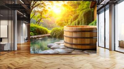 Japanese wooden barrel bath under the sun , Japanese, bath, barrel, hot spring, relaxation, wooden, traditional, culture, sun Wall mural