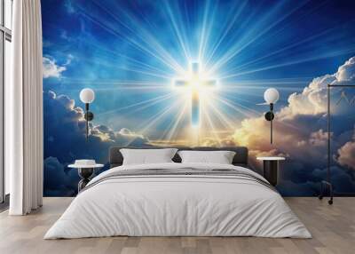 Luminous cross radiating light against a celestial sky, symbolizing spirituality and hope, spirituality, hope, religious Wall mural