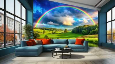 Lush green scenery with a vibrant rainbow arching across the sky, scenery, rainbow, after the rain, nature, landscape, colorful Wall mural