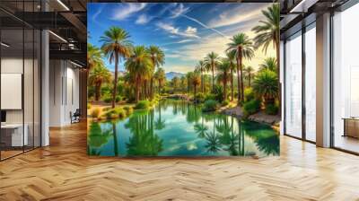 Lush oasis in the middle of a desert landscape with towering palm trees , oasis, desert, nature, landscape, palms, lush, greenery Wall mural