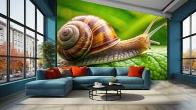 Macro close-up of a snail crawling on a lush green leaf, nature, slow, slimy, spiral shell, gastropod, wildlife, garden Wall mural