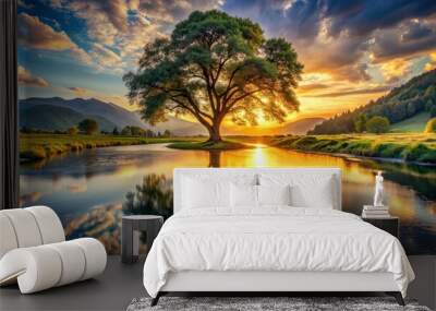 Majestic tree standing by a tranquil river at sunset in a mountain landscape, majestic, tree, tranquil, river, sunset Wall mural