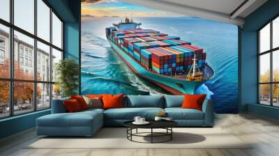 Massive Maersk container ship carrying various freight containers in the ocean, Freight, Container, Ship, Huge, Transportation Wall mural