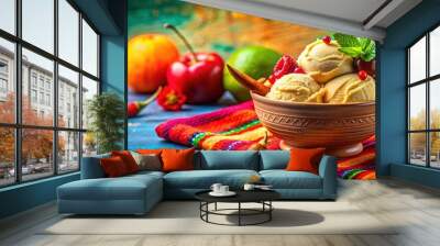 Mexican spicy fruit ice cream against colorful background, Mexican, spicy, fruit, ice cream, dessert, tasty, refreshing Wall mural