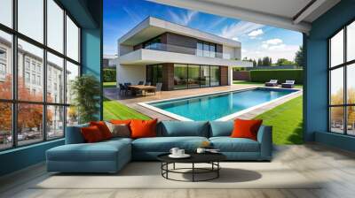 Minimalistic house with pool and lush green lawn , modern, architecture, exterior, design, lifestyle, relaxation, luxurious Wall mural