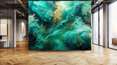 Moody paint pour with teal and forest green , moody, paint pour, teal, forest green, abstract, artistic, creative Wall mural