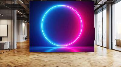 Neon pink circle with blue outline illuminated by circular neon lights , neon, pink, circle, blue, outline, illuminated Wall mural