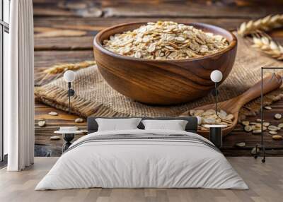 Oat flakes in a rustic bowl on wooden surface, food, healthy, breakfast, organic, nutrition, oats, bowl, wooden, board, rustic Wall mural