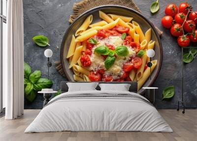 of a delicious pasta dish with tomato sauce, basil, and parmesan cheese , pasta, dish, food, Italian Wall mural