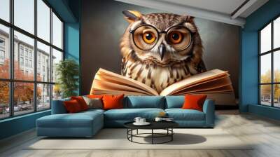 Owl wearing glasses and reading a book , owl, bird, education, wisdom, nature, animal, wildlife, cute, intelligent Wall mural