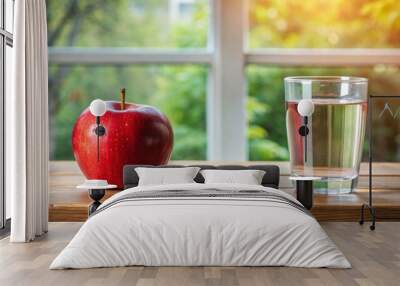 Red apple and glass of water on wooden table near window , apple, fruit, healthy, fiber, vitamin C, glass, water, hydration Wall mural