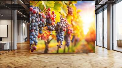 Red wine grapes ripe for harvest, basking in the autumn sun in a vineyard , grapes, red wine, vineyard, autumn, harvest, ripe Wall mural