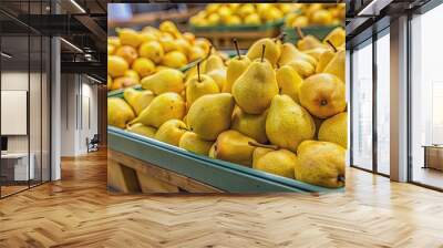 Ripe yellow pears in a plastic container in a supermarket , produce, fruit, pears, ripe, yellow, healthy, organic, fresh Wall mural