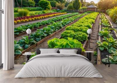 Rows of lush green vegetables growing in a well-maintained organic garden, organic, garden, vegetables, green, rows Wall mural