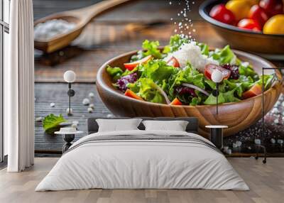 Salad being seasoned with salt , Food, healthy, cooking, fresh, homemade, preparation, kitchen, organic, ingredients, vegetarian Wall mural