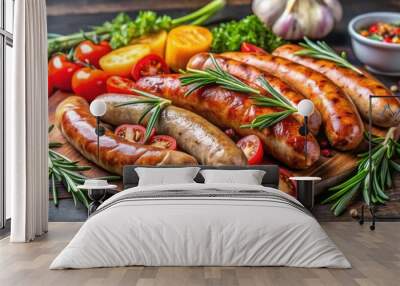 Sausages seasoned with rosemary and mixed vegetables , grilled, sausage, barbecue, food, spices, vegetable, rosemary, flavor, gourmet Wall mural